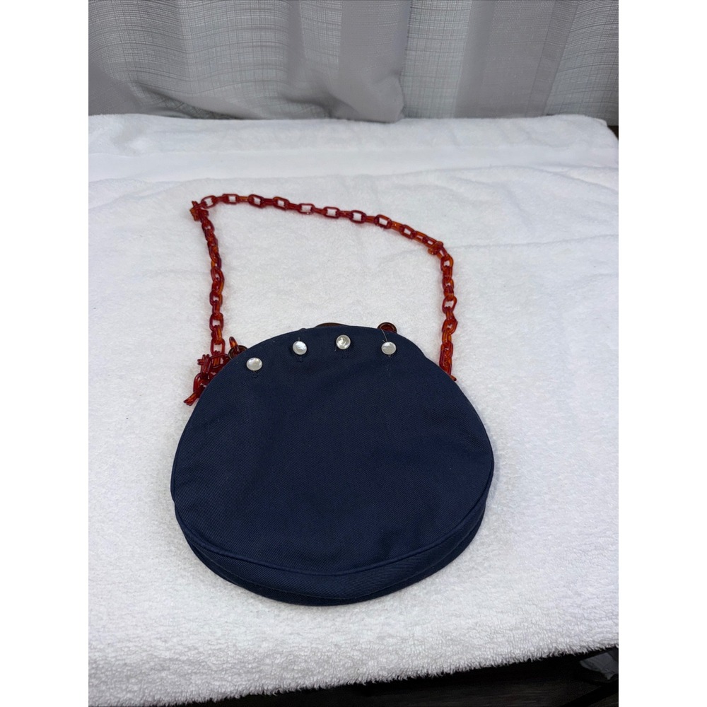 Vintage Navy‎ Canvas Round Handbag Amber Lucite Chain Frame Floral Lining Pouch